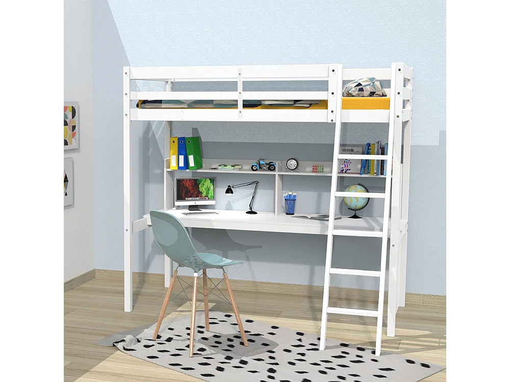 Lit Mezzanine 90x190cm blanc SALA avec Bureau et étagères incl. Sommier et échelle