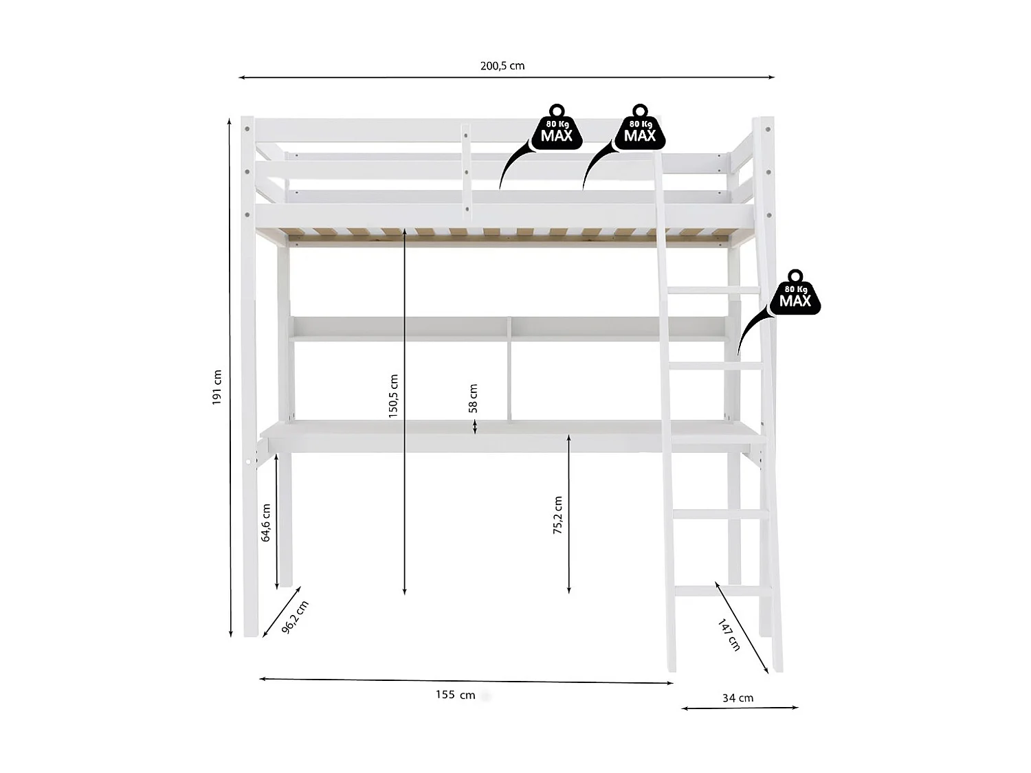 Lit Mezzanine 90x190cm blanc SALA avec Bureau et étagères incl. Sommier et échelle