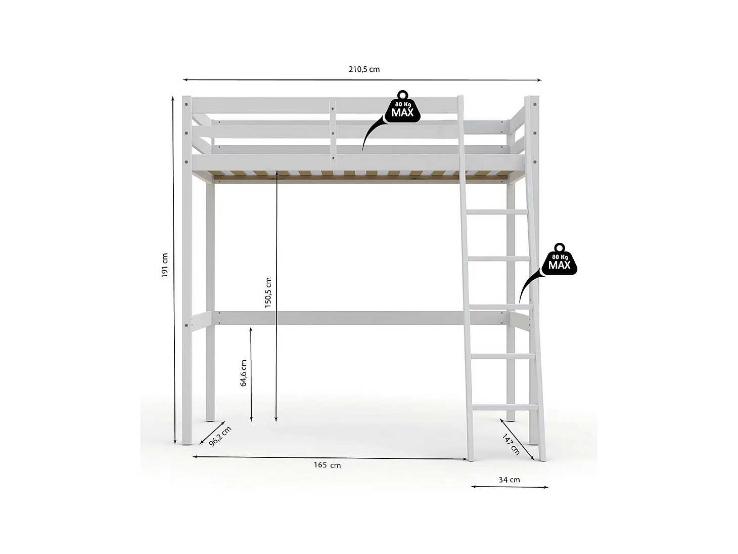 Lit Mezzanine 90x200cm blanc SALA avec incl. Sommier et échelle