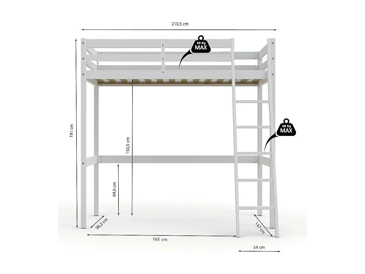 Lit Mezzanine 90x200cm blanc SALA avec incl. Sommier et échelle
