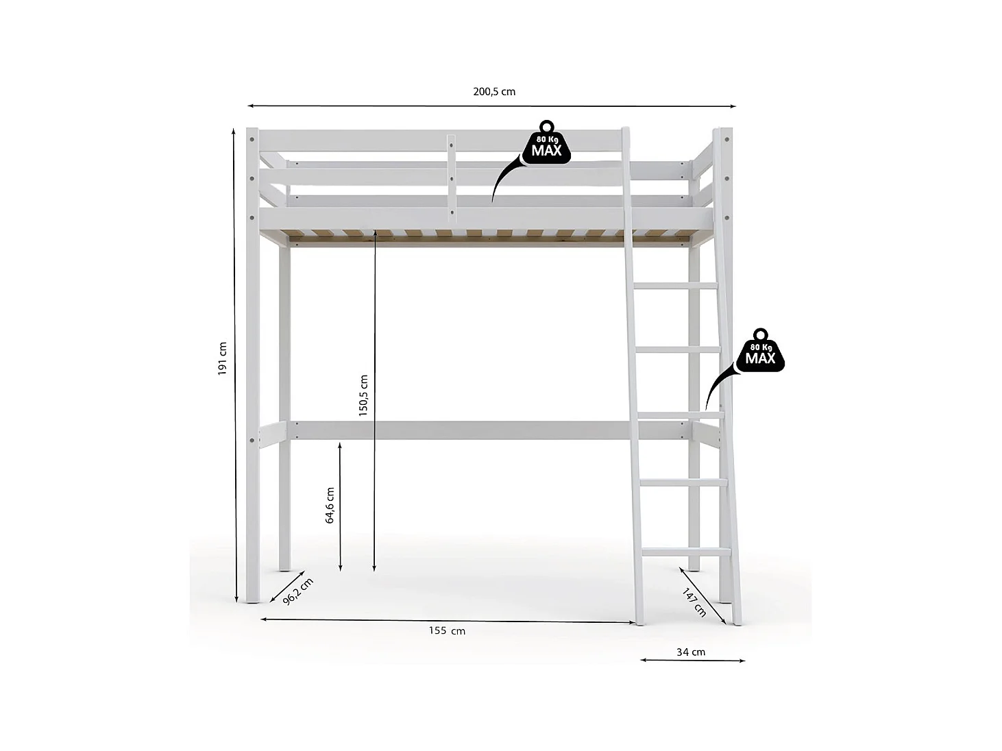 Lit Mezzanine 90x190cm blanc SALA avec incl. Sommier et échelle