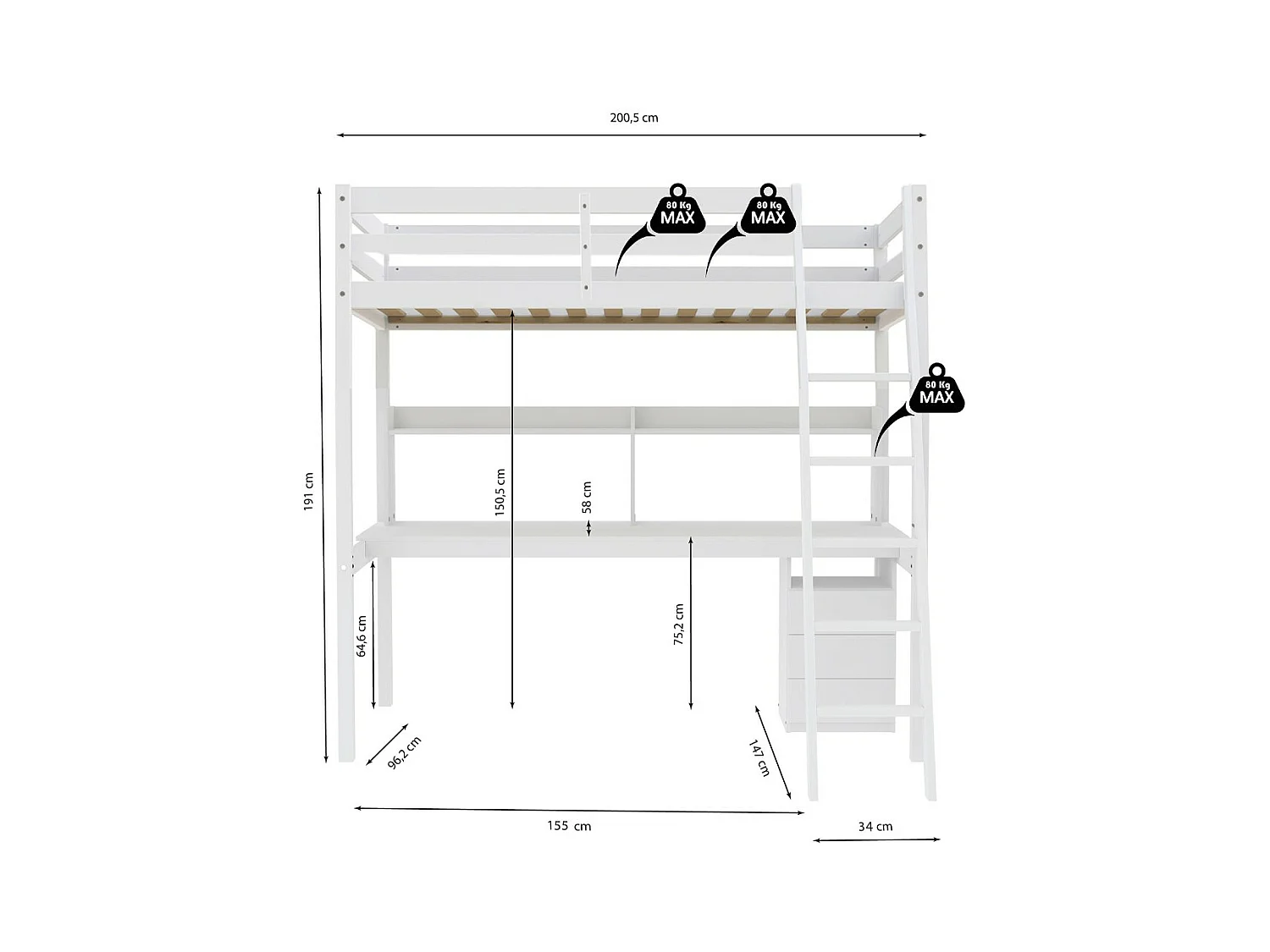 Lit Mezzanine 90x190cm blanc SALA avec Bureau et commode incl. Sommier et échelle