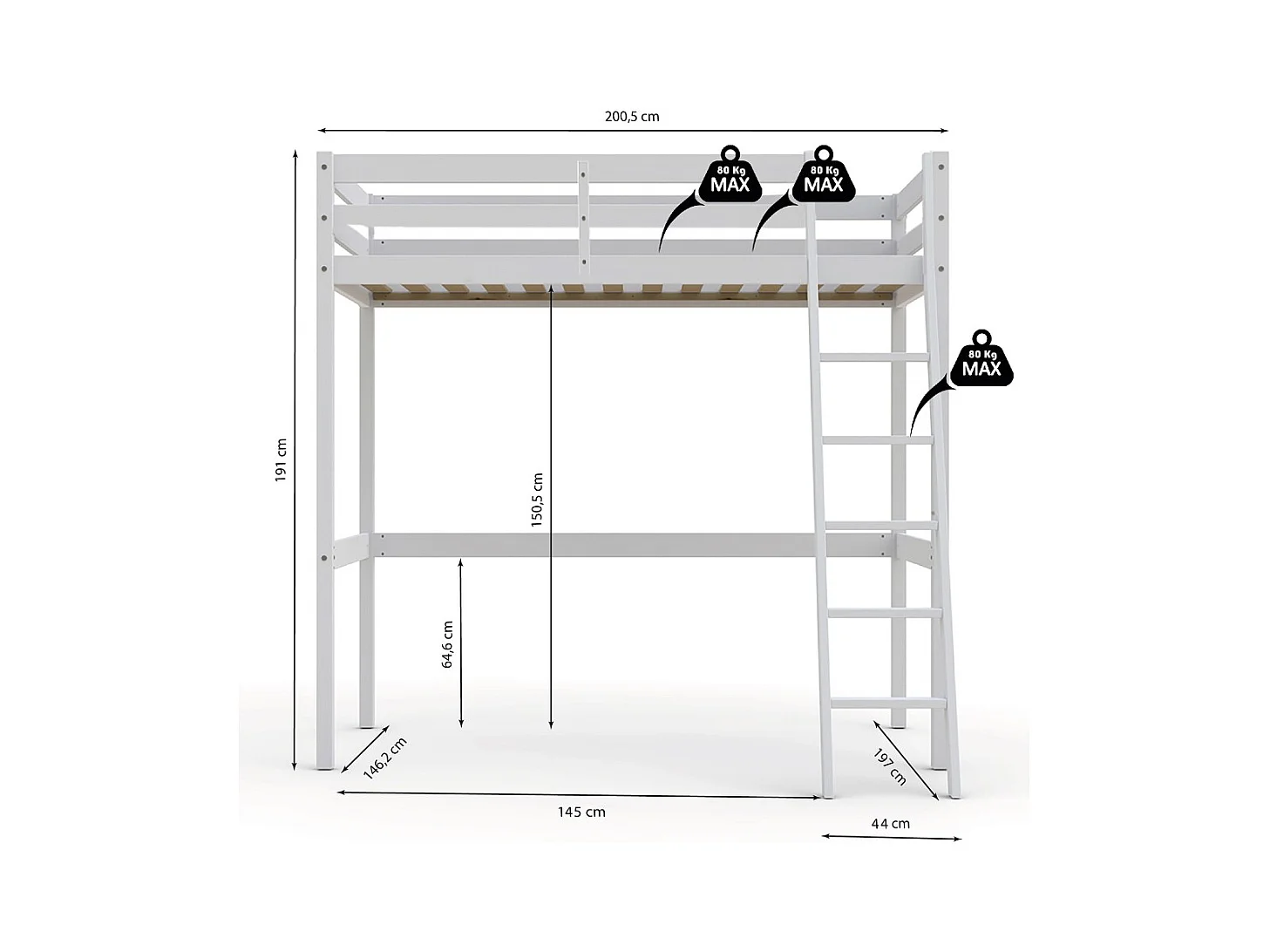 Lit Mezzanine 140x190cm blanc SALA avec incl. Sommier et échelle