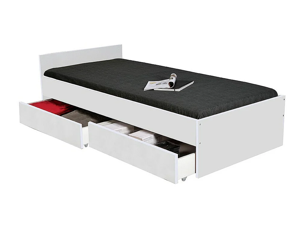 Lit 1 place 90x190cm blanc KIAPA Blanc inclus sommier et 2 tiroirs pour rangement