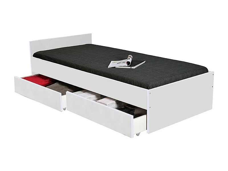 Lit 1 place 90x190cm blanc KIAPA Blanc inclus sommier et 2 tiroirs pour rangement