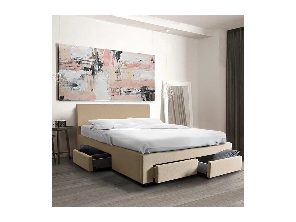 Lit 2 places 160x200cm Tissu Beige LOUGNE inclus sommier et 4 tiroirs