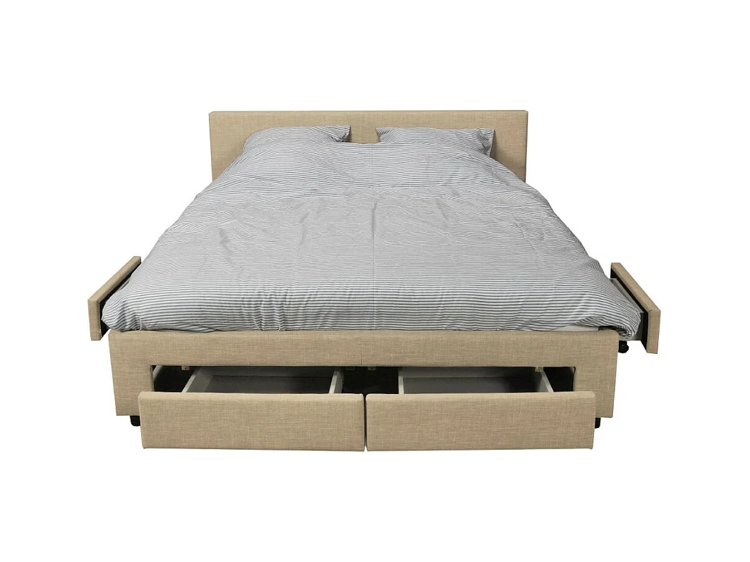 Lit 2 places 160x200cm Tissu Beige LOUGNE inclus sommier et 4 tiroirs