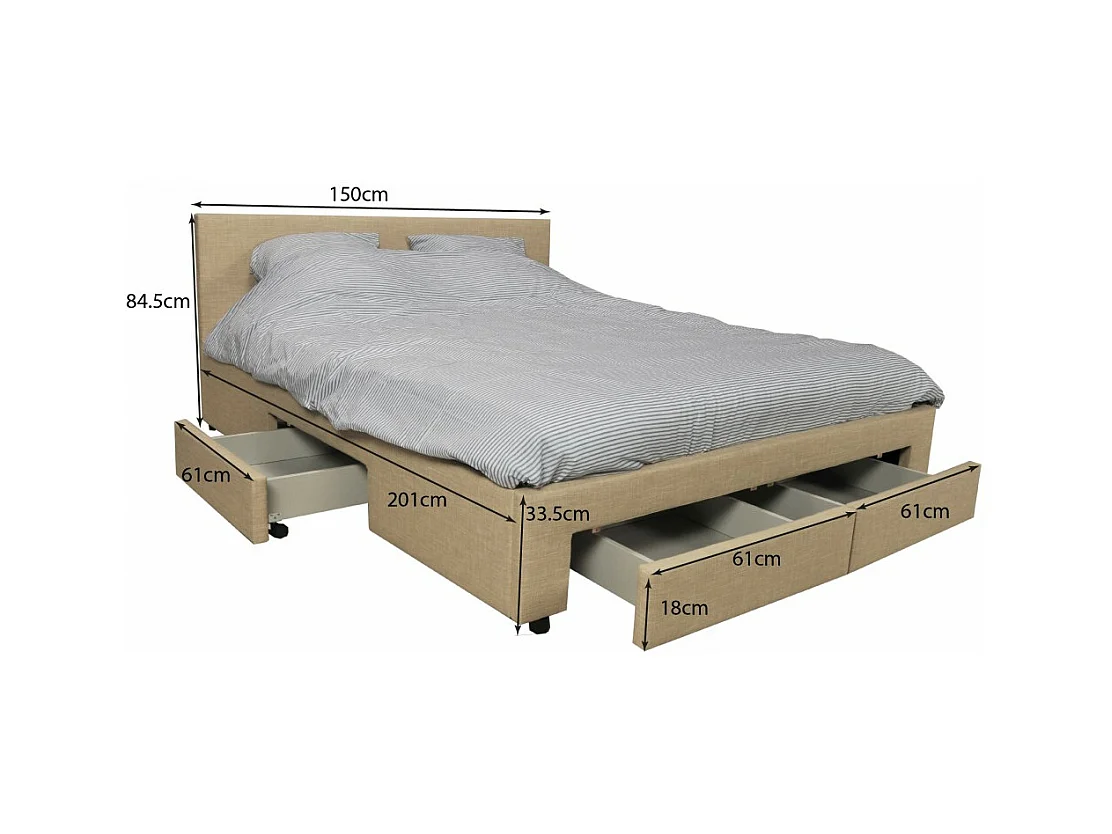 Lit 2 places 160x200cm Tissu Beige LOUGNE inclus sommier et 4 tiroirs