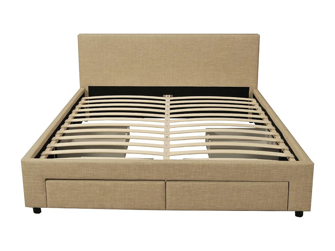 Lit 2 places 160x200cm Tissu Beige LOUGNE inclus sommier et 4 tiroirs