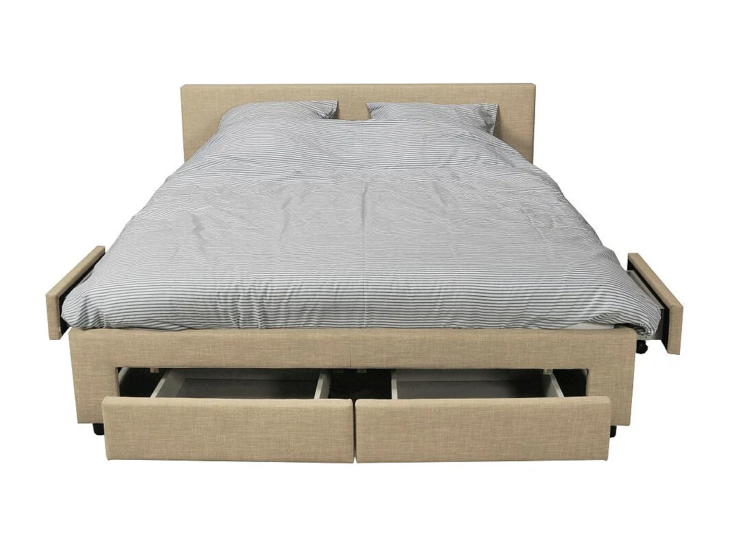 Lit 2 places 160x200cm Tissu Beige LOUGNE inclus sommier et 4 tiroirs
