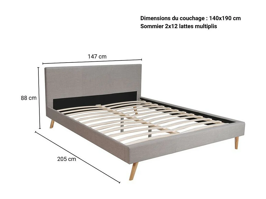 Lit 2 places 140x190cm Gris clair FIONI inclus sommier et tête de lit