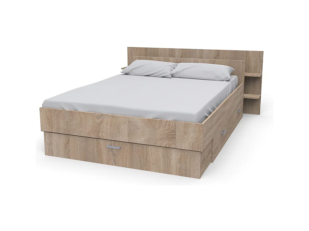 Lit 2 places 140x190cm Chêne SAND inclus sommier et tete de lit et 2 tiroirs