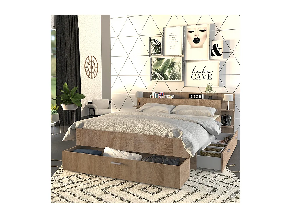 Lit 2 places 140x190cm Chêne SAND inclus sommier et tete de lit et 2 tiroirs