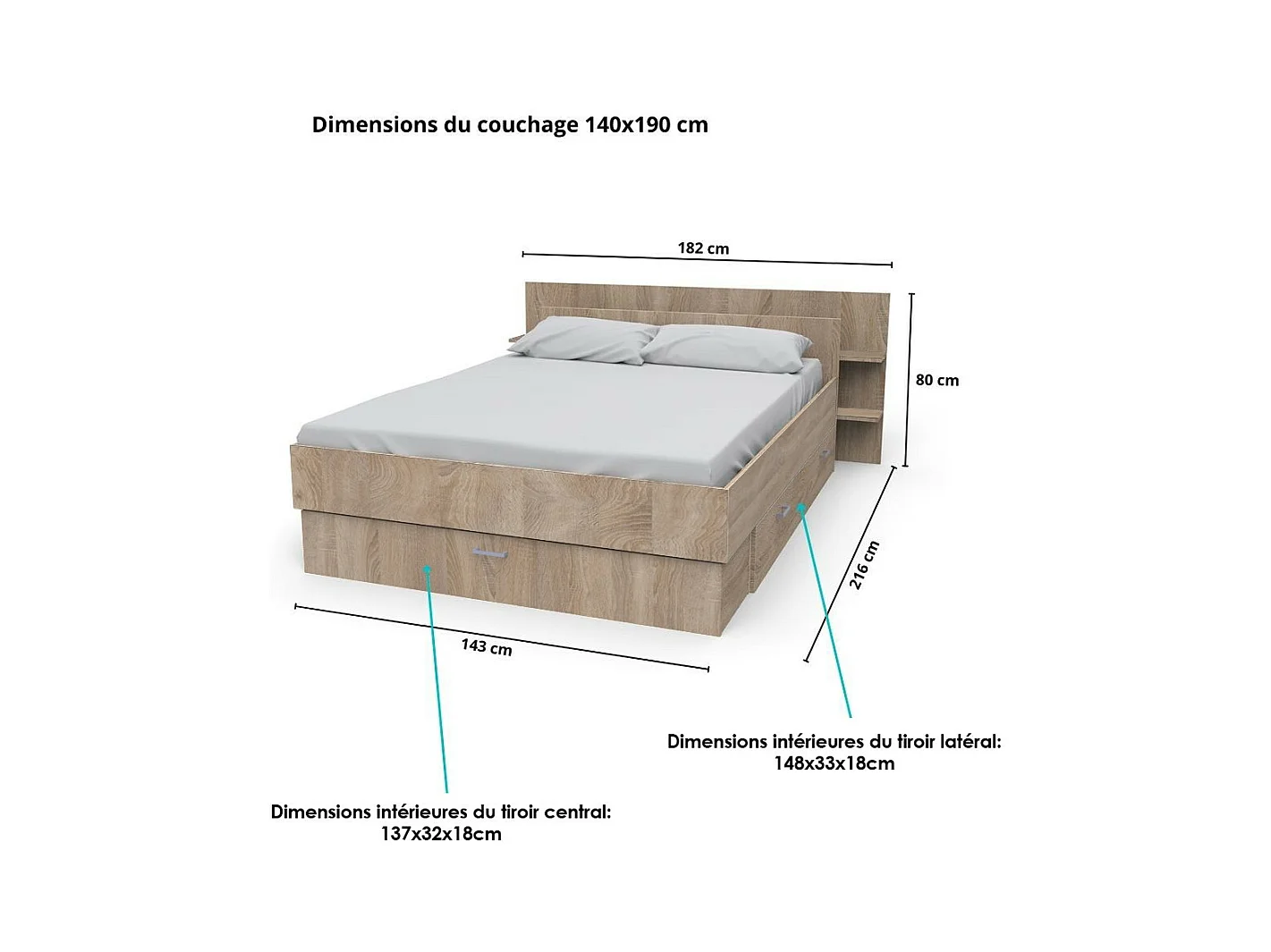 Lit 2 places 140x190cm Chêne SAND inclus sommier et tete de lit et 2 tiroirs