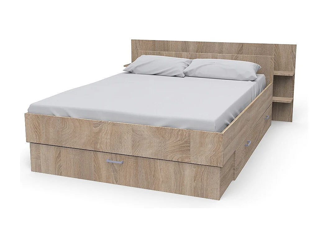 Lit 2 places 140x190cm Chêne SAND inclus sommier et tete de lit et 2 tiroirs