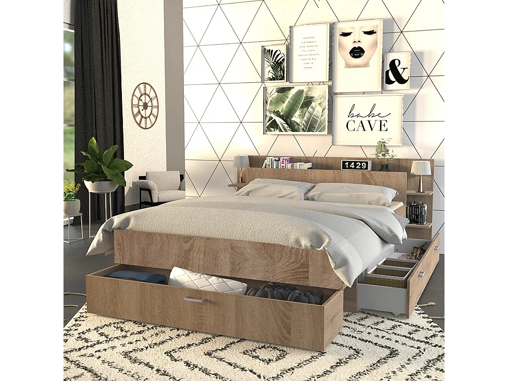 Lit 2 places 140x190cm Chêne SAND inclus sommier et tete de lit et 2 tiroirs
