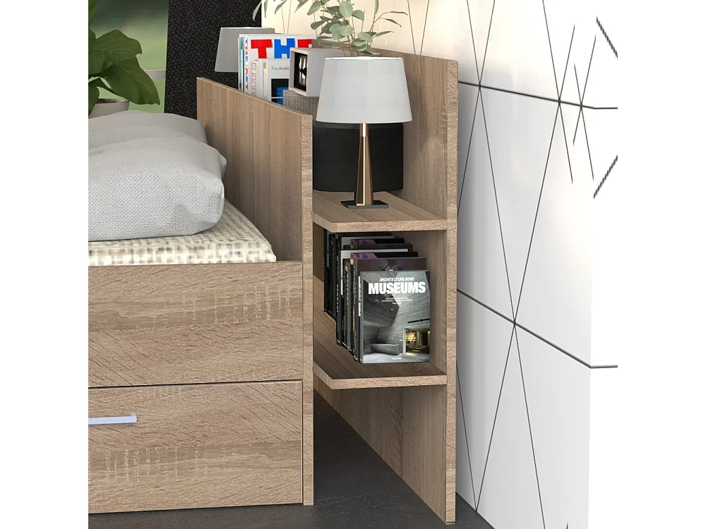 Lit 2 places 140x190cm Chêne SAND inclus sommier et tete de lit et 2 tiroirs