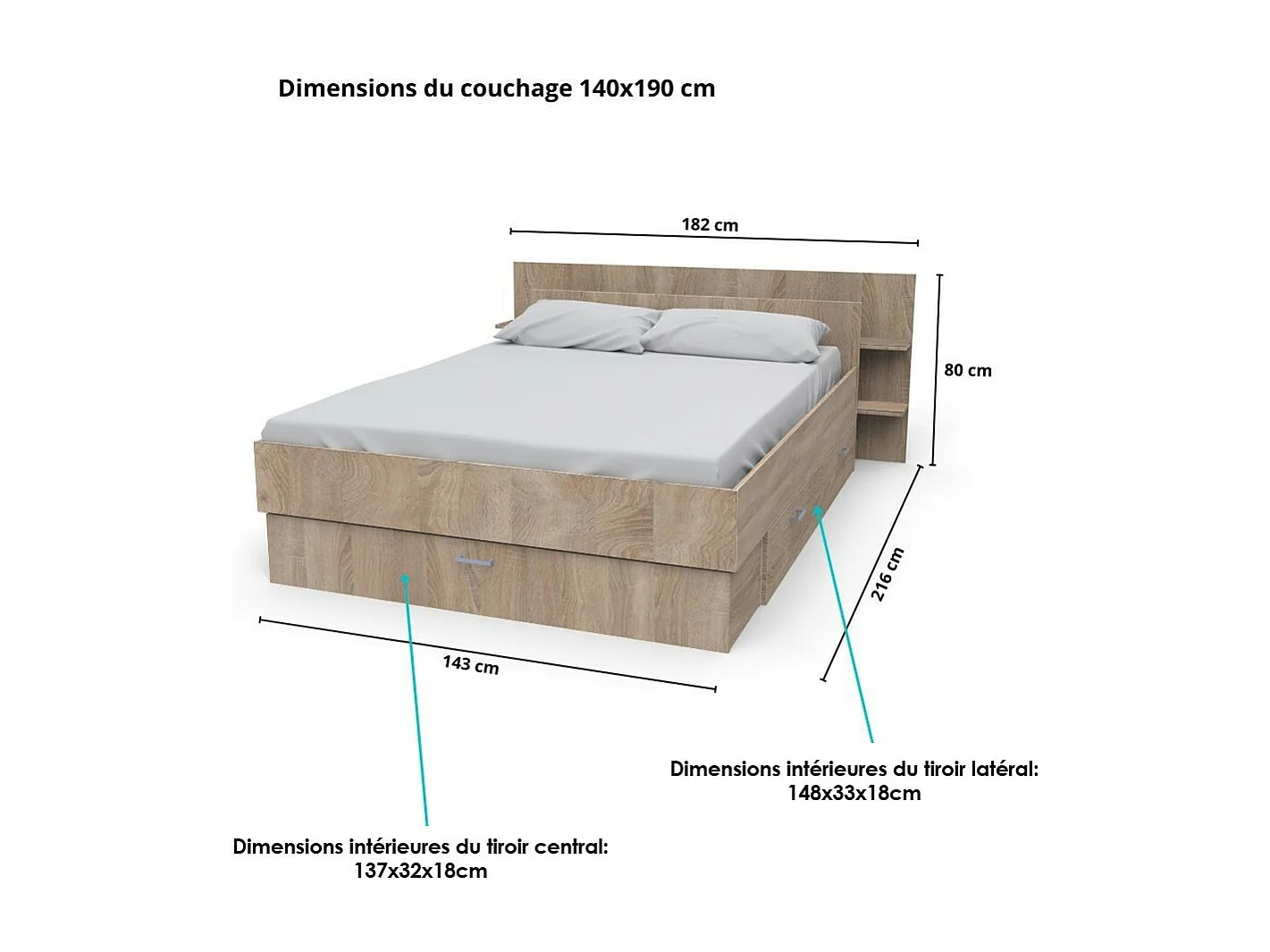 Lit 2 places 140x190cm Chêne SAND inclus sommier et tete de lit et 2 tiroirs