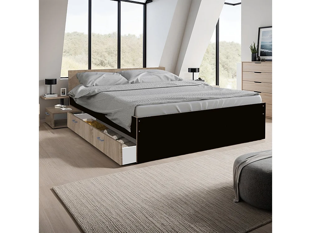 Lit 2 places 140x190cm Noir et chêne TIDO inclus sommier, 1 chevet et 1  tiroir pour rangement
