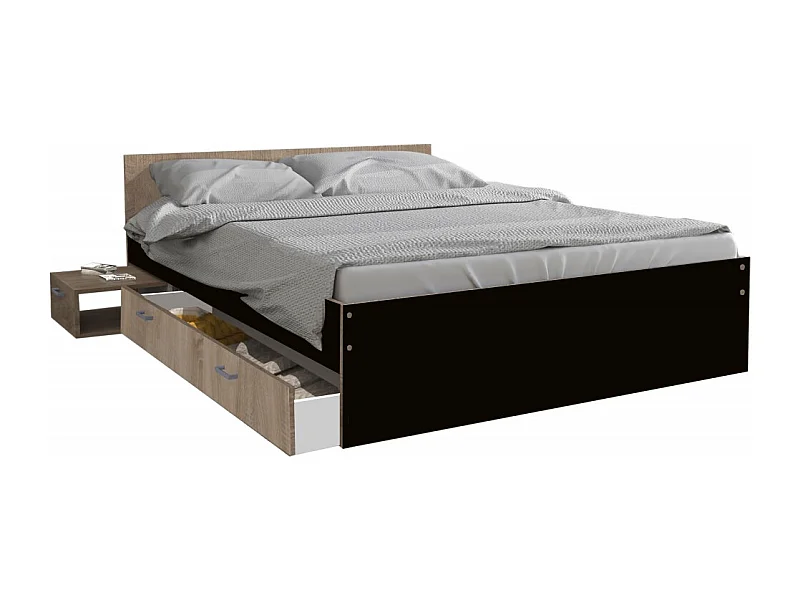 Lit 2 places 140x190cm Noir et chêne TIDO inclus sommier, 1 chevet et 1  tiroir pour rangement