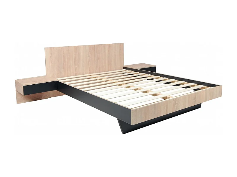 Lit 2 places 140x190cm Noir et chêne CAIL inclus sommier et 2 chevets