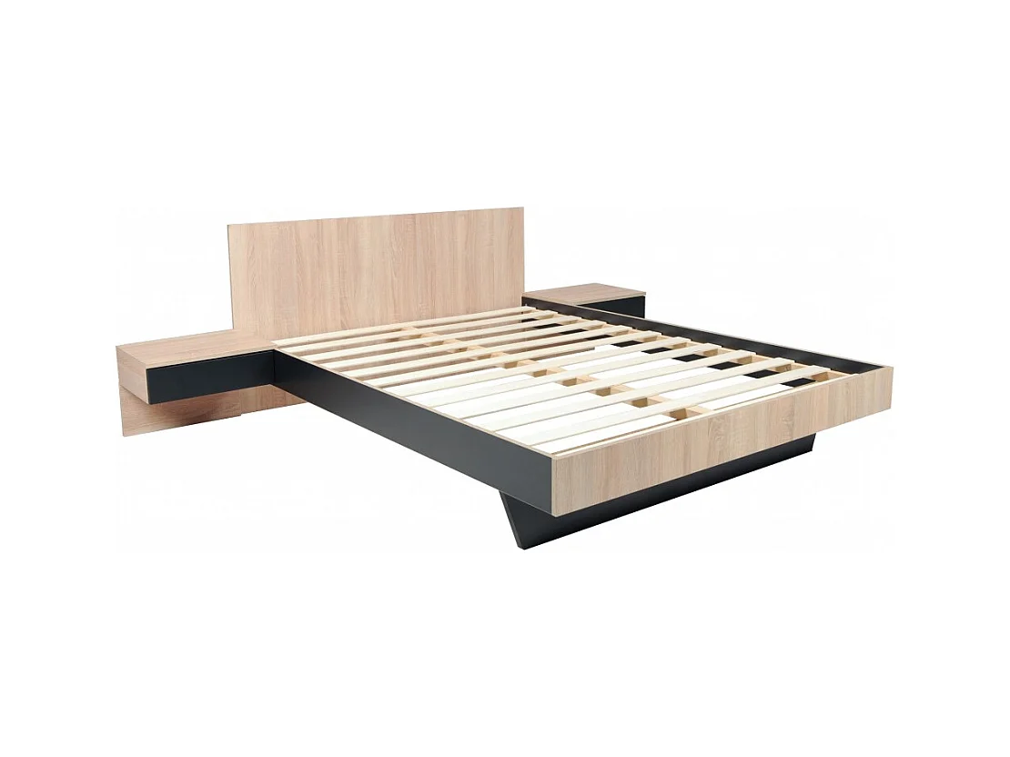 Lit 2 places 140x190cm Noir et chêne CAIL inclus sommier et 2 chevets