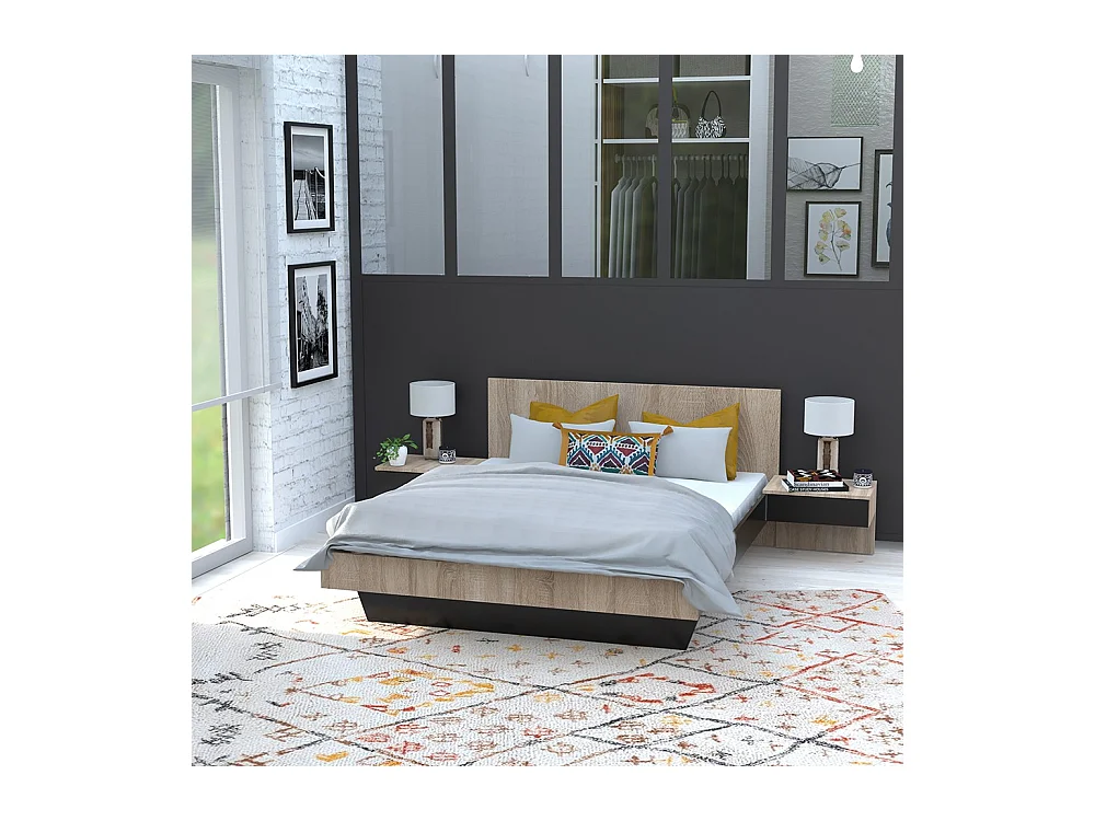 Lit 2 places 140x190cm Noir et chêne CAIL inclus sommier et 2 chevets