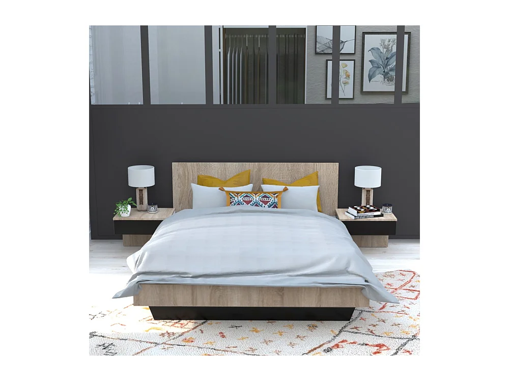 Lit 2 places 140x190cm Noir et chêne CAIL inclus sommier et 2 chevets