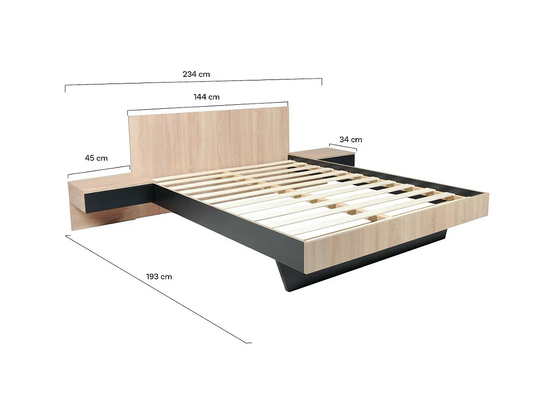 Lit 2 places 140x190cm Noir et chêne CAIL inclus sommier et 2 chevets