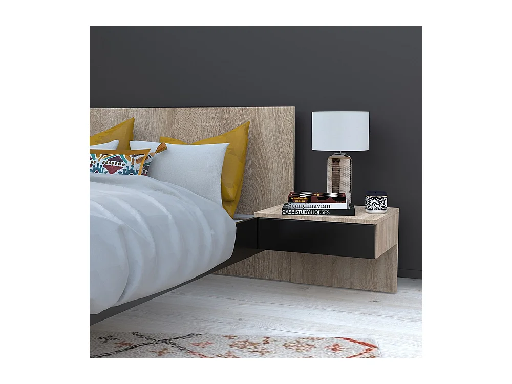 Lit 2 places 140x190cm Noir et chêne CAIL inclus sommier et 2 chevets