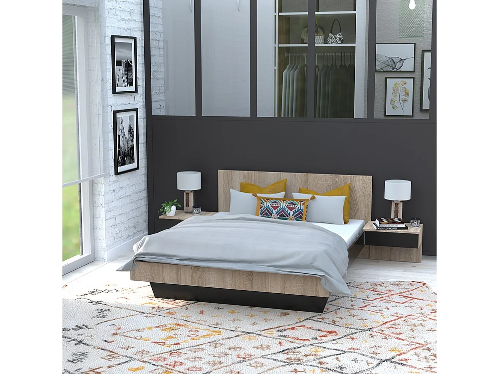 Lit 2 places 140x190cm Noir et chêne CAIL inclus sommier et 2 chevets