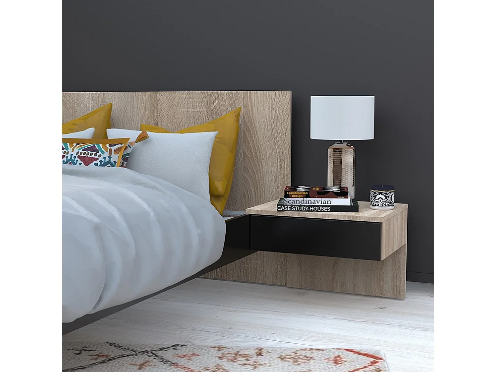 Lit 2 places 140x190cm Noir et chêne CAIL inclus sommier et 2 chevets