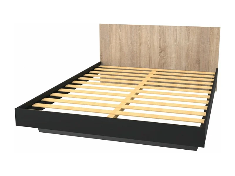 Lit 2 places 140x190cm Noir et chêne LIFA inclus sommier et tête de lit