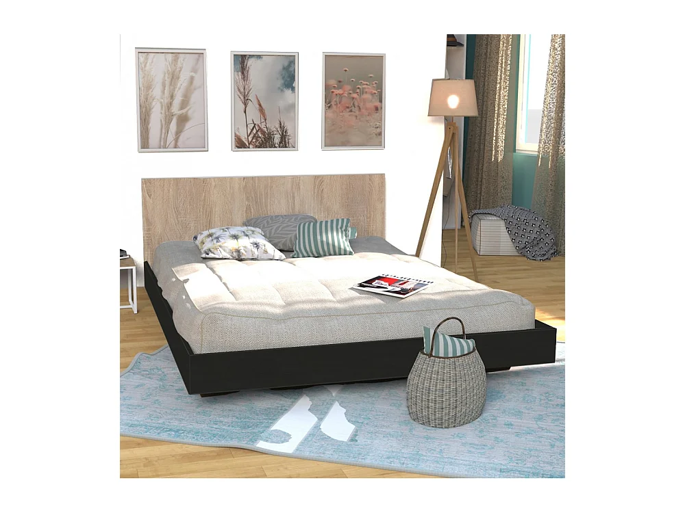 Lit 2 places 140x190cm Noir et chêne LIFA inclus sommier et tête de lit