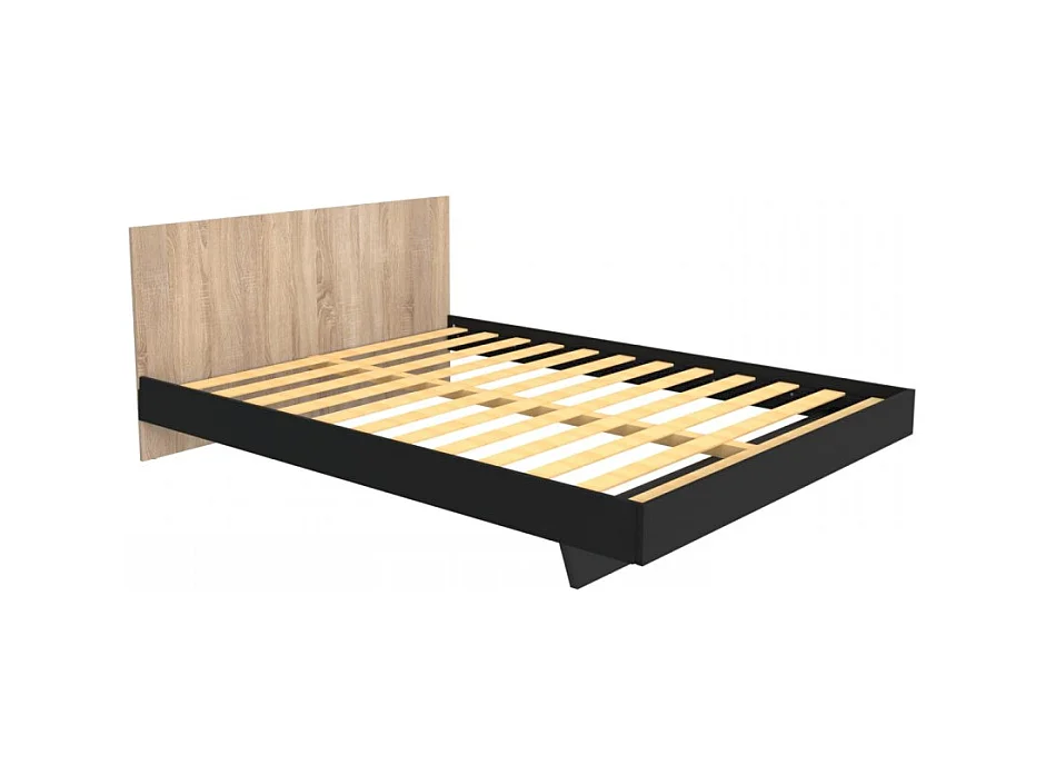 Lit 2 places 140x190cm Noir et chêne LIFA inclus sommier et tête de lit