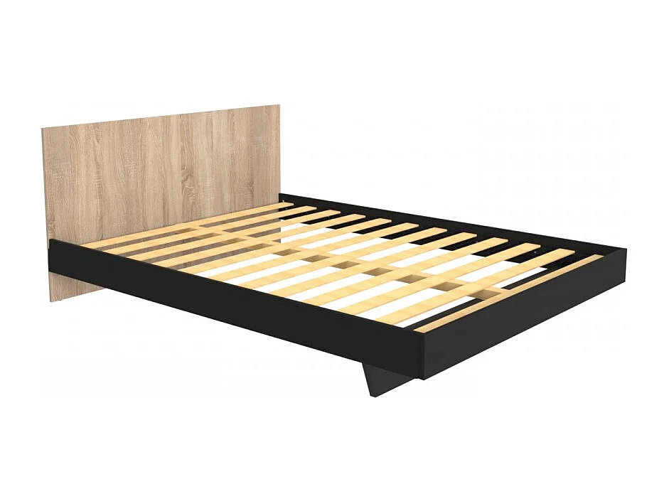 Lit 2 places 140x190cm Noir et chêne LIFA inclus sommier et tête de lit