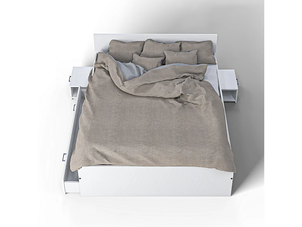 Lit 2 places 140x190cm Blanc TIDO inclus sommier, 2chevet et 1  tiroir pour rangement