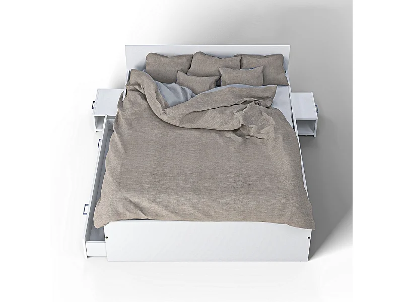 Lit 2 places 140x190cm Blanc TIDO inclus sommier, 2chevet et 1  tiroir pour rangement