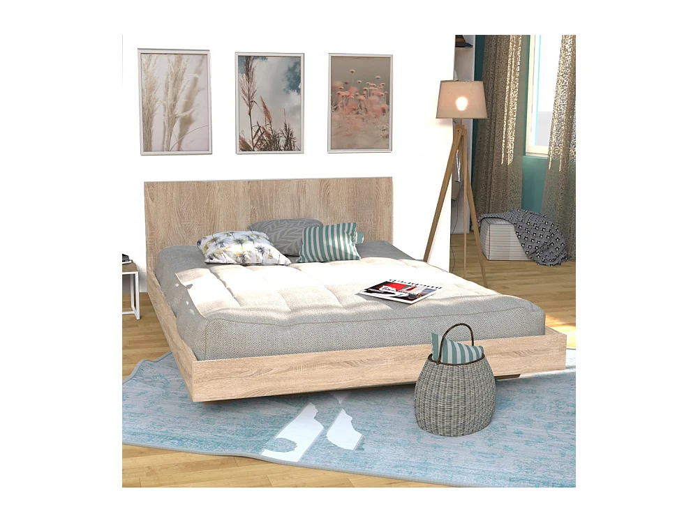 Lit 2 places 160x200cm couleur chêne LIFA inclus sommier et tête de lit