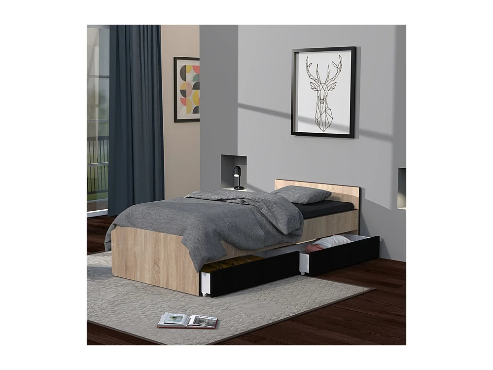 Lit 1 place 90x190cm blanc KIAPA couleur chêne inclus sommier et 2 tiroirs Noir pour rangement