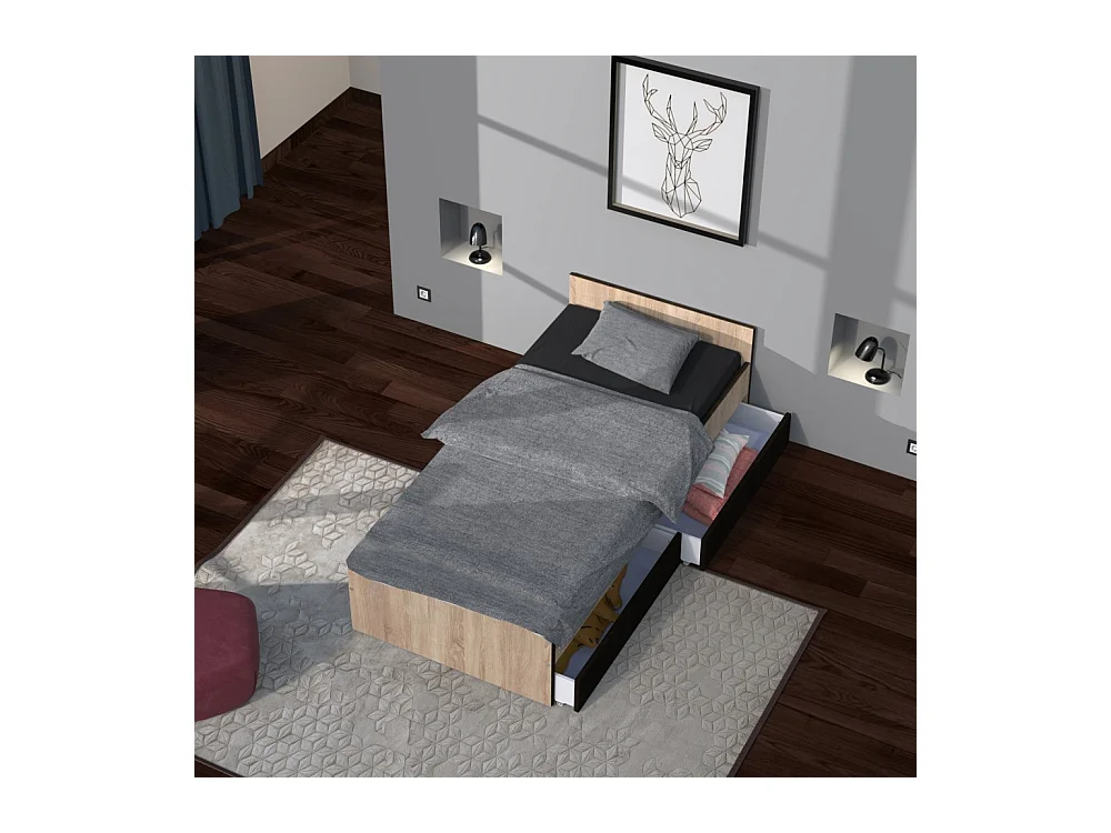 Lit 1 place 90x190cm blanc KIAPA couleur chêne inclus sommier et 2 tiroirs Noir pour rangement