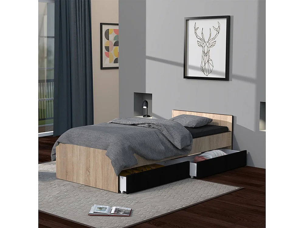 Lit 1 place 90x190cm blanc KIAPA couleur chêne inclus sommier et 2 tiroirs Noir pour rangement
