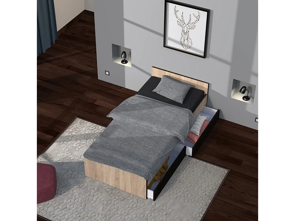 Lit 1 place 90x190cm blanc KIAPA couleur chêne inclus sommier et 2 tiroirs Noir pour rangement