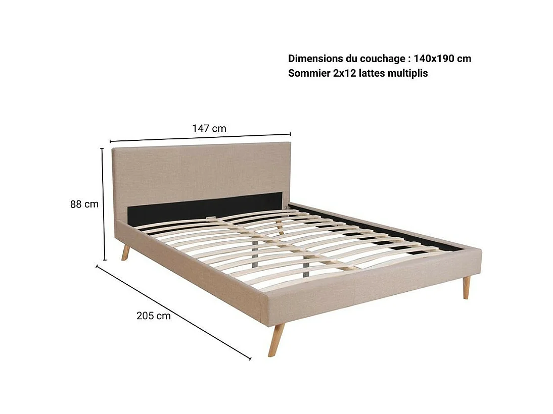 Lit 2 places 140x190cm Beige FIONI inclus sommier et tête de lit