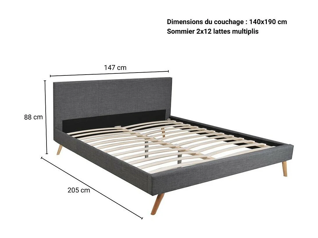 Lit 2 places 140x190cm Gris foncé FIONI inclus sommier et tête de lit