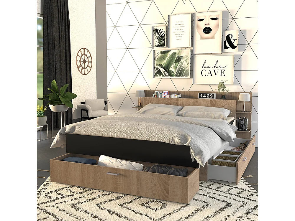 Lit 2 places 140x190cm Chêne et noir SAND inclus sommier et tete de lit et 2 tiroirs
