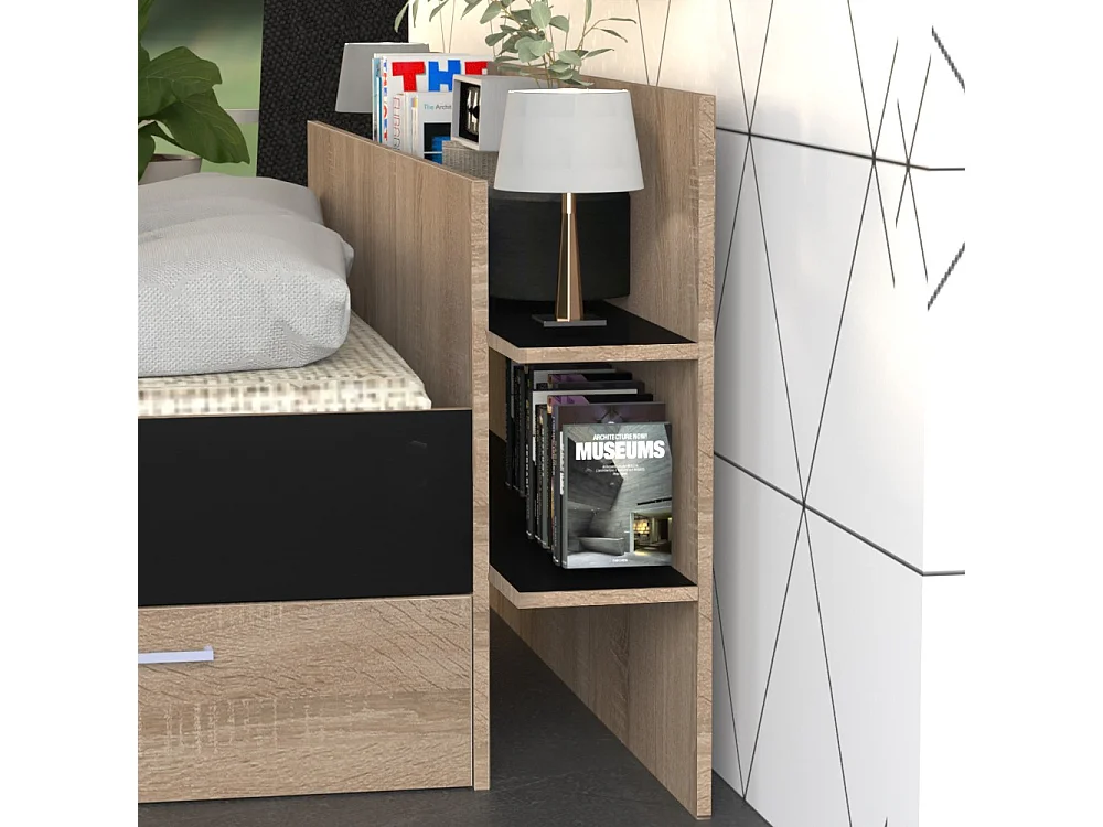 Lit 2 places 140x190cm Chêne et noir SAND inclus sommier et tete de lit et 2 tiroirs