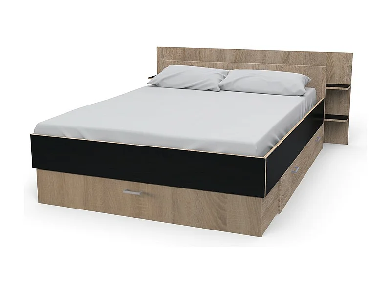 Lit 2 places 140x190cm Chêne et noir SAND inclus sommier et tete de lit et 2 tiroirs