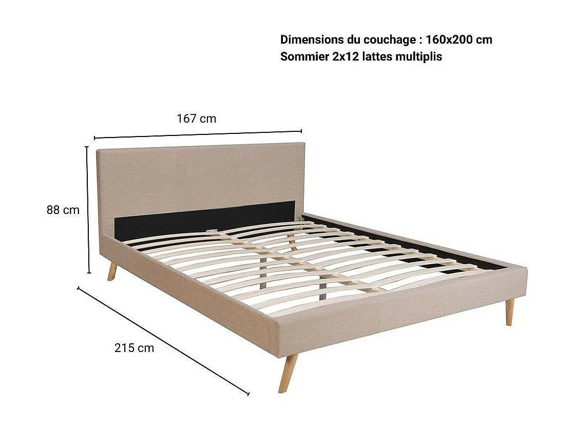 Lit 2 places 160x200cm Beige FIONI inclus sommier et tête de lit