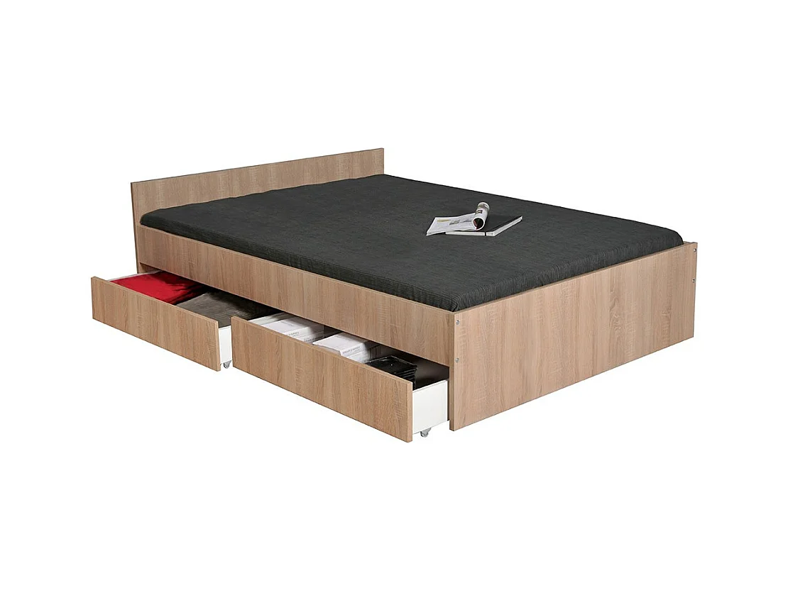 Lit 2 places 160x200cm couleur Chêne KIAPA inclus sommier et 2  tiroirs pour rangement
